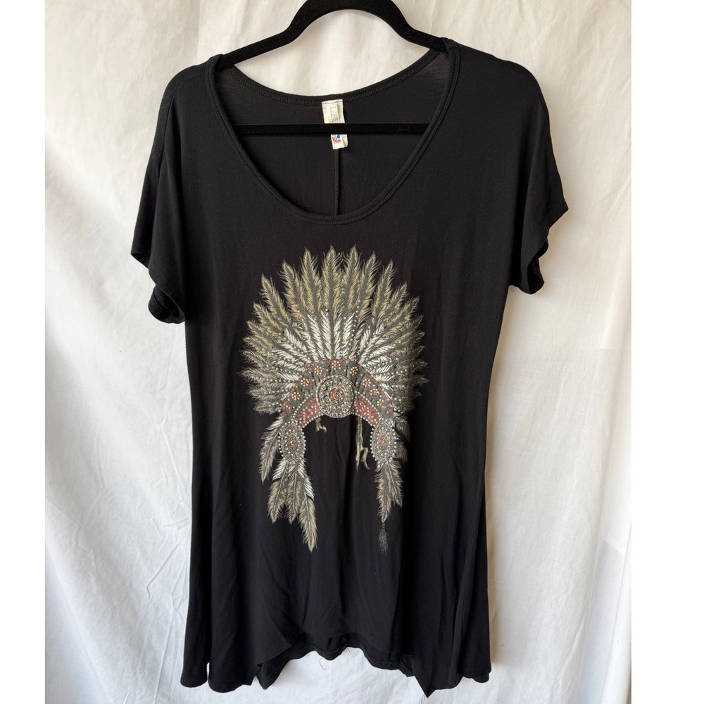 Liberty Wear Tunic Top Black Feather Headdress Festival Rhinestone Womens Medium